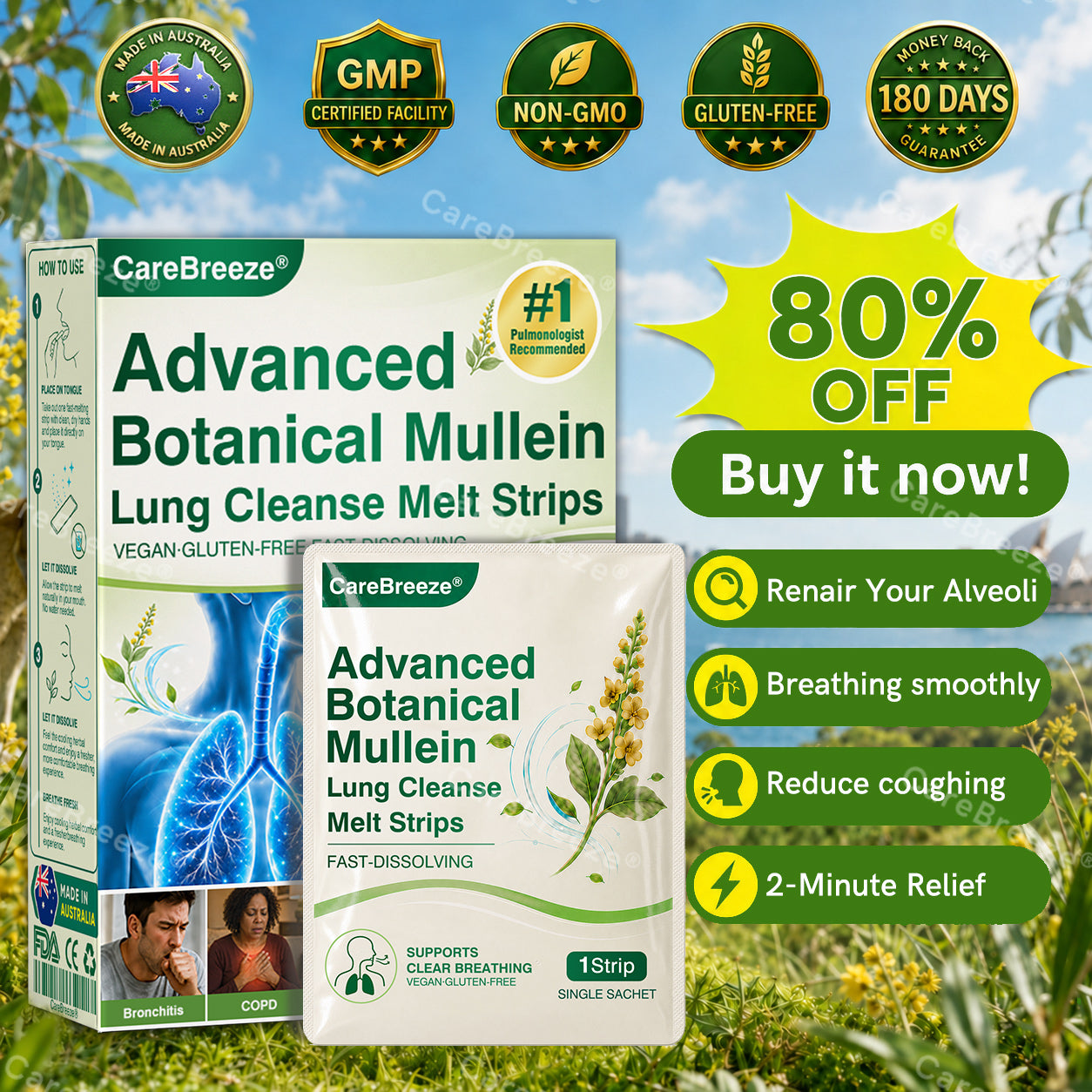 🫁🇦🇺 ✅CareBreeze® Advanced Botanical Mullein Lung Cleanse Melt Strips（👨‍⚕️Directly acts on COPD, asthma, chronic bronchitis (CB), respiratory infections, lung cancer, sinusitis, and other conditions）