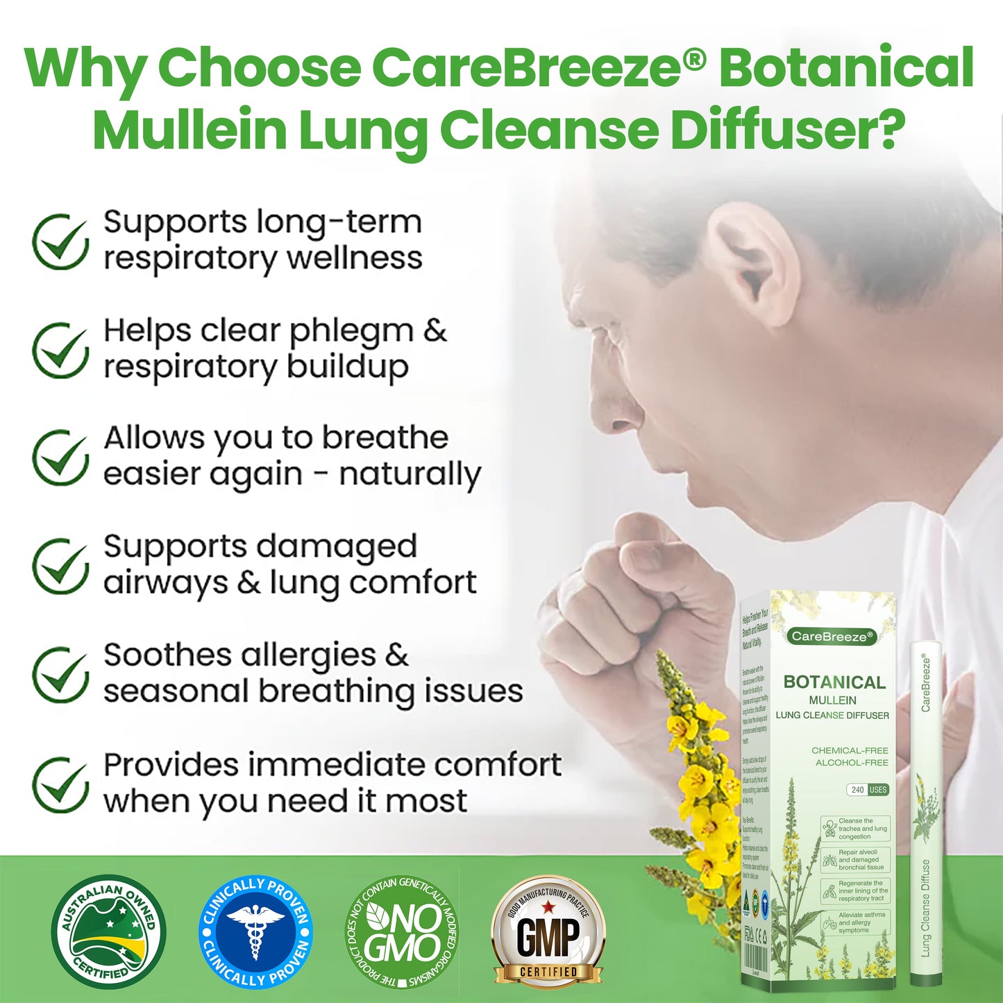 🇦🇺✅CareBreeze® Botanical Mullein Lung Cleanse Diffuser(🫁Cough, Pharyngitis, shortness of breath, sputum, stuffy nose, bronchitis, bronchitis, allergy symptoms, lung discomfort💝)